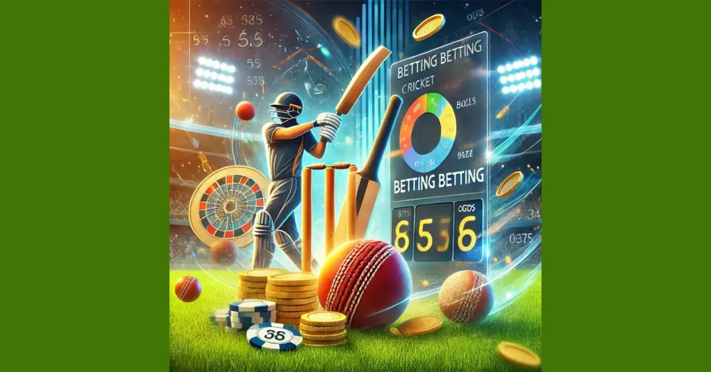 An image representing cricket betting, featuring elements like a cricket field, a bat and ball, a scoreboard, and symbols of betting like a betting sl